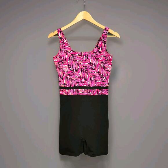 Sporti Swimsuit Hydrolast Unitard One Piece Size 12 Large Black Pink Modest - Picture 1 of 6